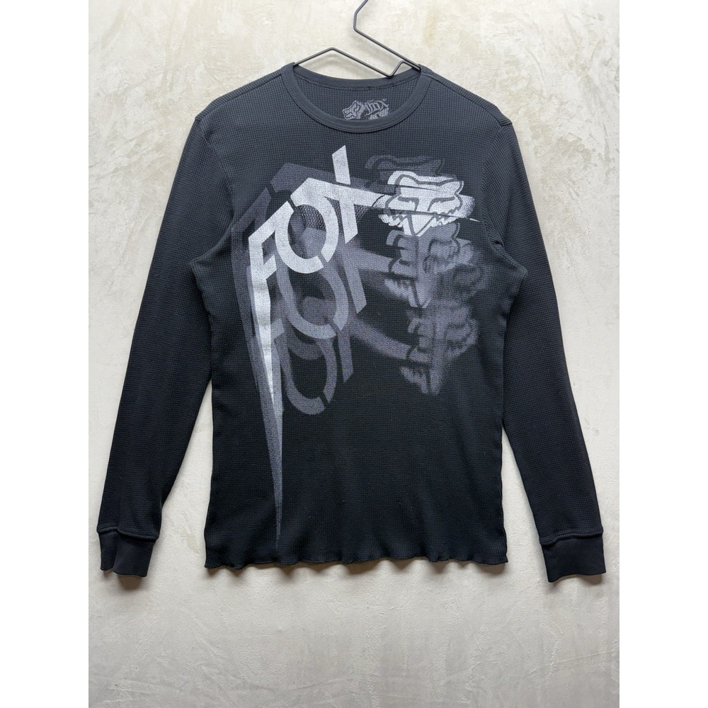 VTG Y2K Fox Racing Deluxe FMX Thermal Shirt Men L Black Waffle Knit Moto Graphic